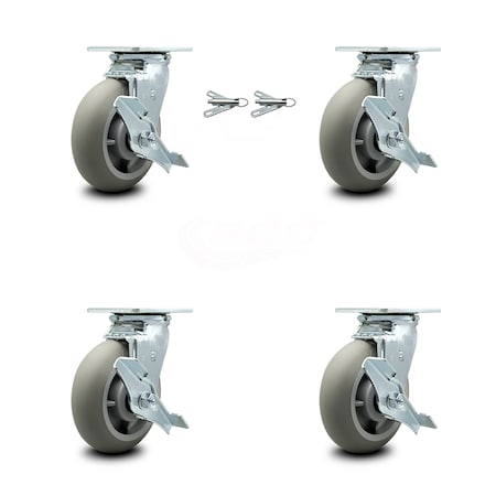Service Caster 6 Inch Thermoplastic Rubber Caster Set with Ball Bearings 4 Brake 2 Swivel Lock SCC-30CS620-TPRBD-TLB-BSL-2-TLB-2